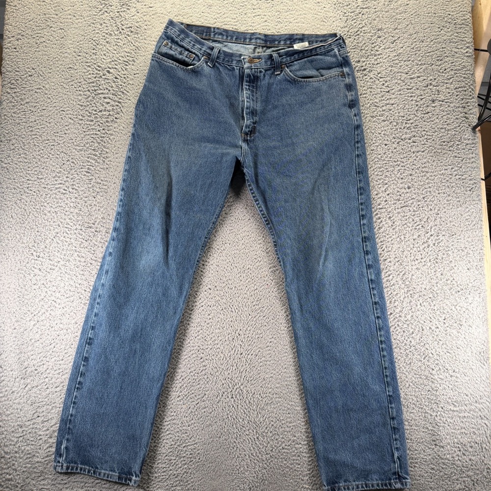 Wrangler Jeans Mens 38x34 Blue Cotton Denim Straight Leg Faded Workwear Travel